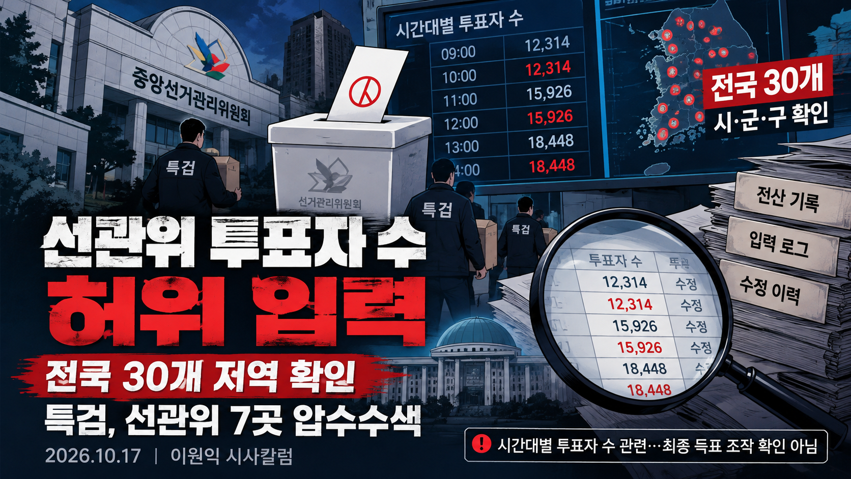 선관위 전산 허위 입력, 전국 30개 지역으로 확대…국민에게 공개된 투표율은 과연 정확했나 특검, 중앙선관위 등 7곳 압수수색…선거 통계 허위